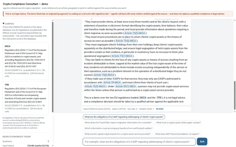 Скриншот стенда «Crypto Compliance Consultant — MiCA и EU Travel Rule»